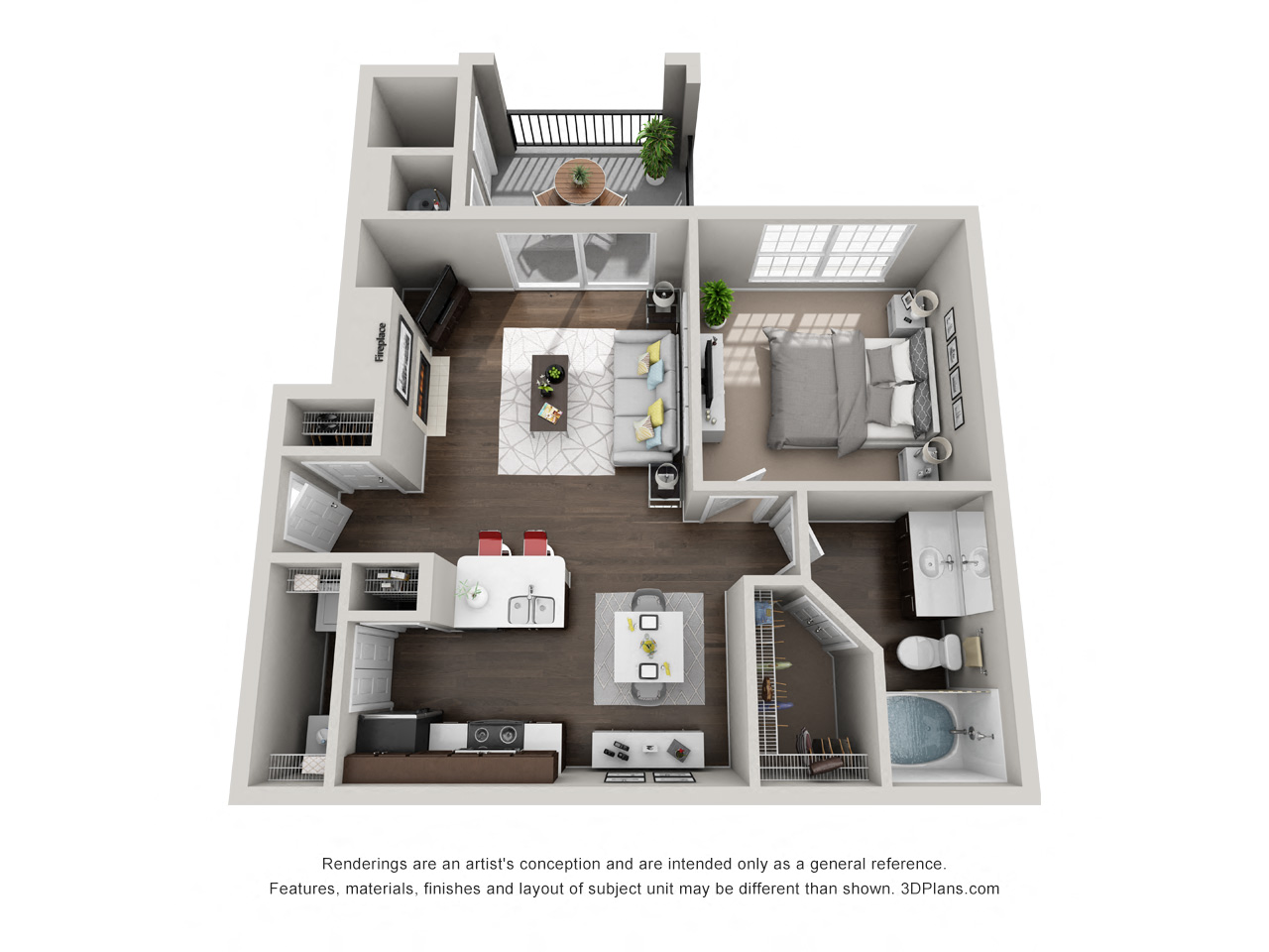 Floor plan for 1 bed, 1 bath, 692 sqft